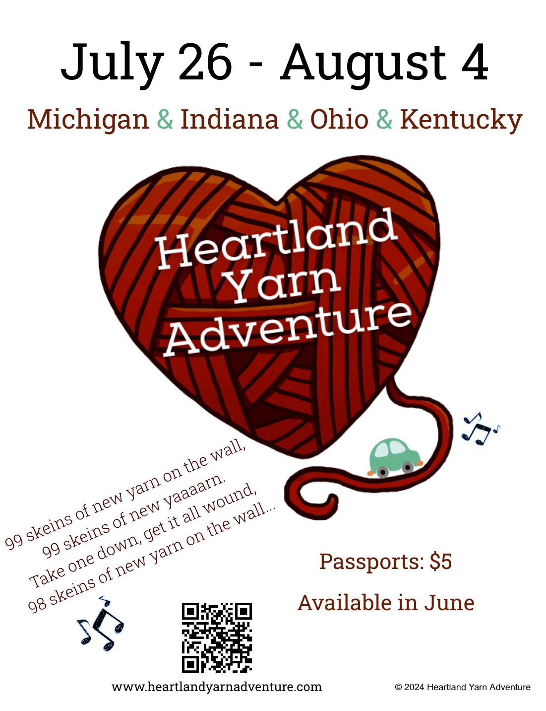 2024 Heartland Yarn Adventure Shop guide map and souvenir pin.