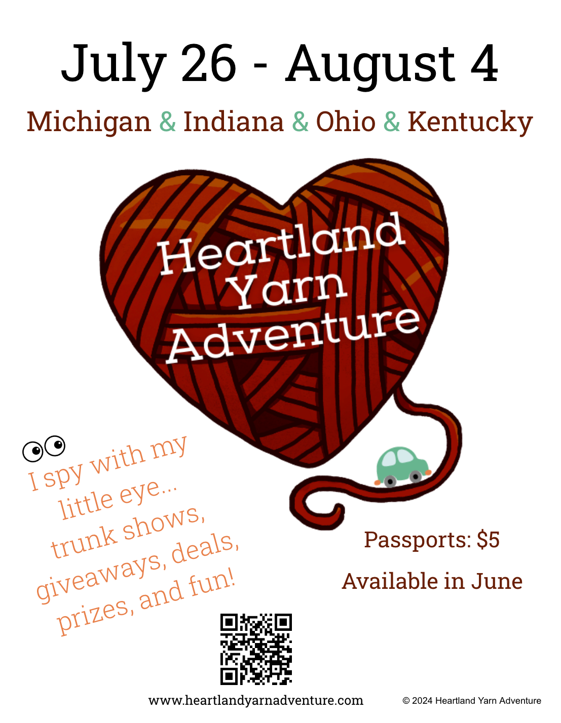 2024 Heartland Yarn Adventure Shop guide map and souvenir pin.