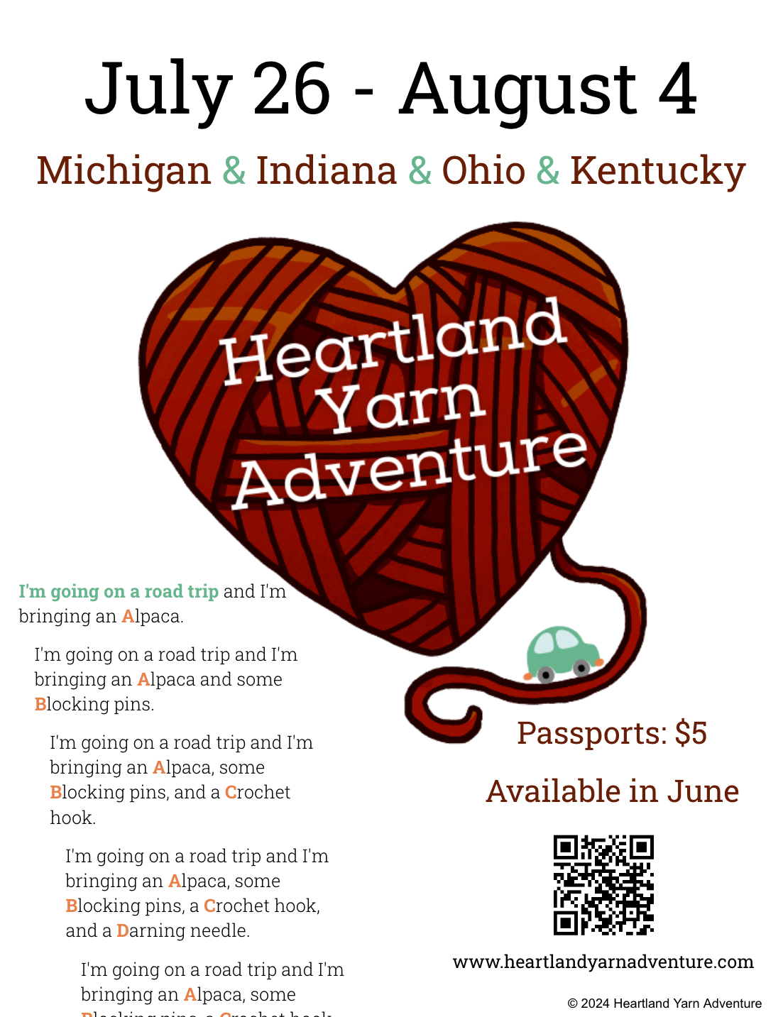 2024 Heartland Yarn Adventure Shop guide map and souvenir pin.