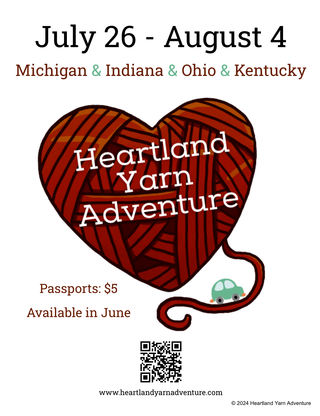 2024 Heartland Yarn Adventure Shop guide map and souvenir pin.